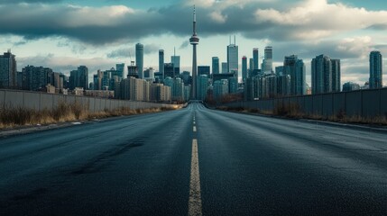 Fototapeta premium Empty road leading to city skyline