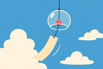 Traditional Japanese glass wind chime furin swaying in the summer breeze with blue sky and white clouds illustration