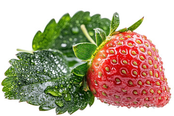 Juicy red strawberry with dew drops on lush green leaves vibrant close up shot fresh and delicious