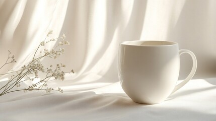 White Mug and Dried Flowers in Soft Sunlight