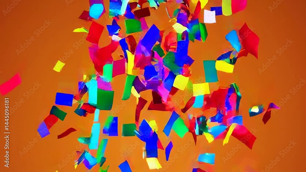 Poster multicolored confetti pieces gracefully float and twirl against a vibrant orange backdrop, creating 