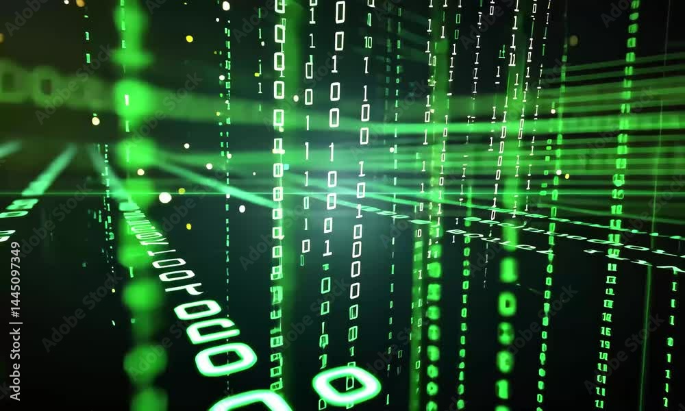 Poster the visual illustrates a flowing stream of green binary code and digital elements, creating a captiv