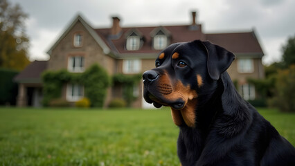 Vigilant Rottweiler Sitting Guard at Country House Protective Canine Sentinel
