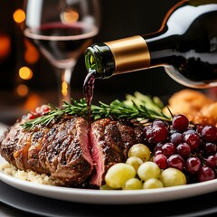 National Wine Day celebration with grapes and elegant dinner A gourmet meal featuring steak, assorted grapes, and a glass of red wine being poured.