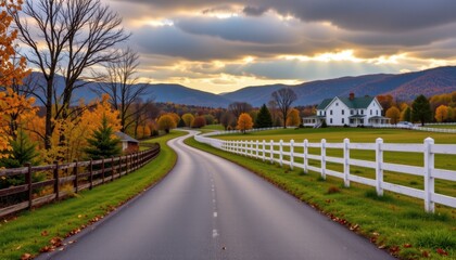 Fototapeta premium Scenic autumn drive with mountains and farmhouse virginia countryside landscape photography tranquil environment sunset view
