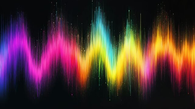 Colorful iridescent multicolor rainbow audio spectrum waveform visualizing sound dynamics on black background, pulsing with vibrant energy and musical acoustic frequency, amplitude representation. - Powered by Adobe