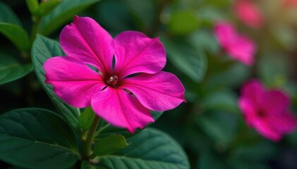 Fototapeta premium Vibrant fuchsia flowers, intricate leafy details, hot pink, floral