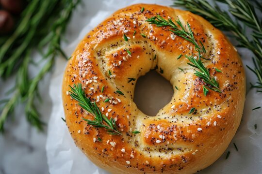 Golden Rosemary Sesame Bagel bakery delight warm tones close up shot