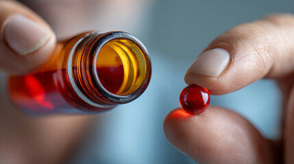 Close-up of hand holding amber bottle and red capsule, showcasing medical theme, representing healthcare, treatment, or pharmacy concept