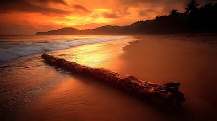 Naklejka premium Fiery Sunset Over Tropical Beach with Driftwood