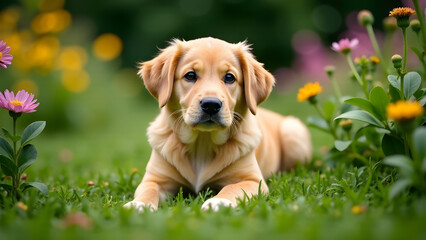 Golden Retriever Relaxing in Blooming Garden Serene Canine Moment
