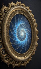 Obraz premium Intricate Time portal: A golden, ornate frame encases a captivating blue fractal spiral, appearing as a portal into another dimension, a fusion of art, structure, and mystique.