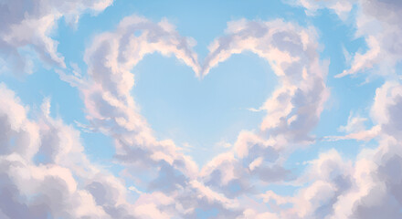 Heart-shaped clouds in pastel sky. Soft, romantic, and peaceful scene
