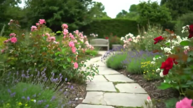 Winding stone path through a colorful English rose garden with various blooms