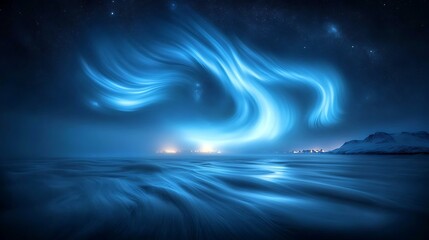 Ethereal blue aurora borealis dances above a calm, snowy seascape