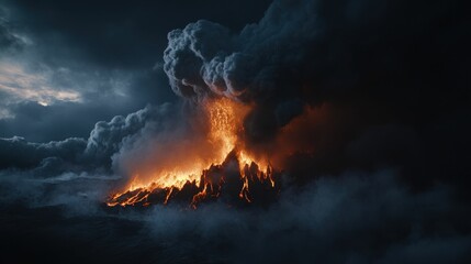 Volcanic eruption; fiery lava, dark smoke, stormy sky.