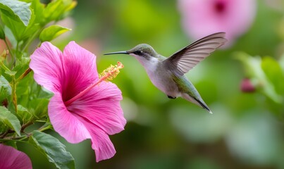 Naklejka premium Tiny hummingbird drinking nectar from a giant vibrant hibiscus flower, Generative AI