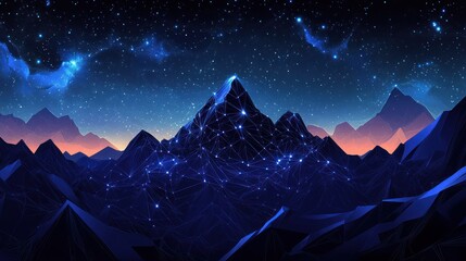 Night Mountain Landscape with Digital Network
