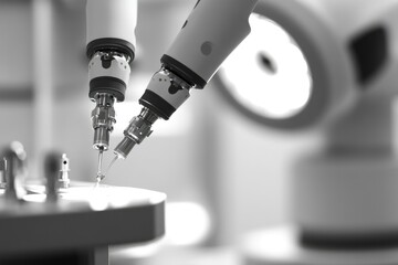 Two robotic arms precisely manipulate tiny components during a high-precision manufacturing process.