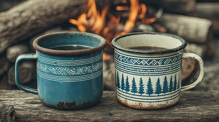 Two rustic enamel mugs filled with coffee near a campfire, cozy outdoor scene.
