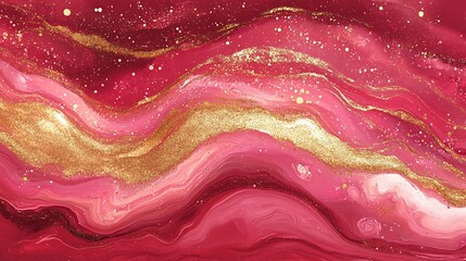 Obraz premium Crimson and gold abstract fluid art with glitter