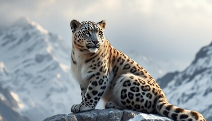 Obraz premium Snow Leopard Sitting On Rock Overlooking Snowy Mountain Range In Nature On Overcast Day Detailed Fur Optimized For Stock Photo