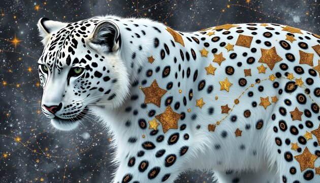 Snow Leopard with Golden Stars in Night Sky Digital Art Wildlife Illustration Furry Feline Mammal Perfect for Decoration Creative Artistic Project Background Element