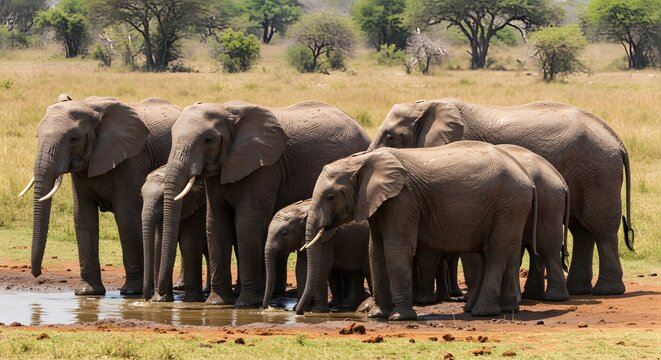 African elephant family drinking water together in the natural habitat Tanzania
