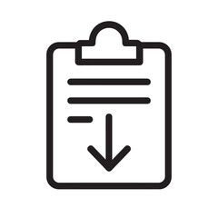 Data Download Document Icon: A simple, clear icon of a clipboard with a downward arrow, representing the concept of data downloading, information retrieval, and digital content access.