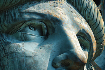 Close-up of weathered statue face, showing textured, teal-green patina and detail, suggesting age and history, ideal for historical or artistic concepts