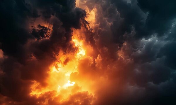 The sky transforms at dusk as vibrant orange hues clash with dark storm clouds, showcasing nature's beauty and intensity during the day&acirc;&euro;&trade;s end.