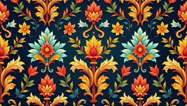 Large-scale damask pattern, bold acanthus leaves & vines, interior, brocade