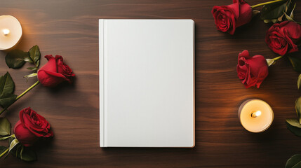 Blank book on wooden table with roses and candles