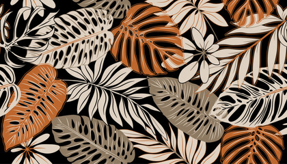 Abstract seamless tropical pattern with bright tropical leaves in brown tones. Canvas fabric texture vector background
