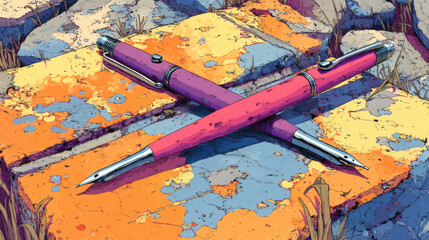 Vibrant Artistic Render of Crossed Pens on Colorful Brick Background