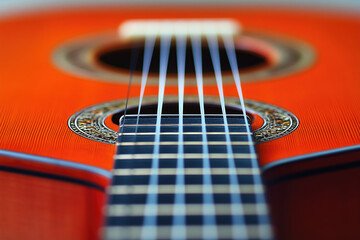 Fototapeta premium Red acoustic guitar fretboard close up