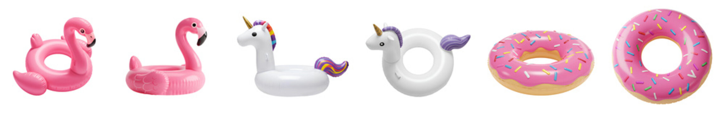 inflatable pool float set PNG. set of colorful pool floats for summertime activities and fun isolated. Pink flamingo pool float top view PNG. Unicorn inflatable for sea flat lay isolated. Donut float