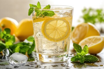 Fototapeta premium Refreshing lemon mint iced drink perfect summer beverage sparkling water with ice cubes and bright