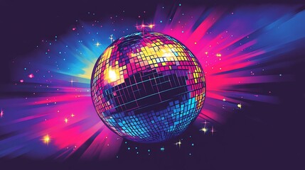 Obraz premium Retro Disco Ball Bursting with Neon Rays