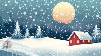 A cozy winter landscape with a red cabin under a snowy night sky.