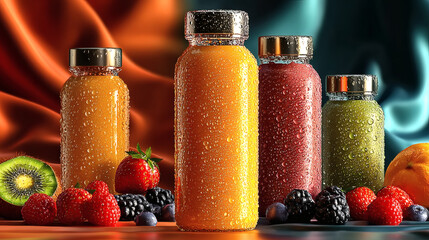Vibrant Smoothie Bottles on Colorful Background with Fresh Fruits