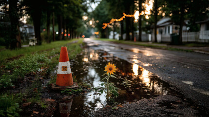 Vibrant Sunflower Growing Near Traffic Cone in Urban Environment