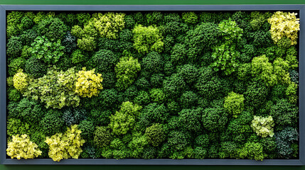 Framed moss wall art with varied green textures and yellow accen