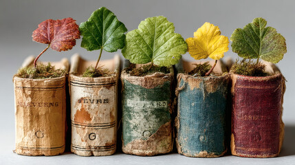 Vintage Books with Colorful Leaves and Moss for Nature Inspired Decor