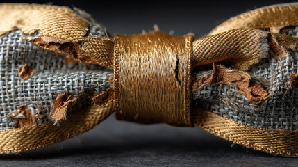 Vintage Bow Tie with Worn Fabric and Frayed Edges Close Up