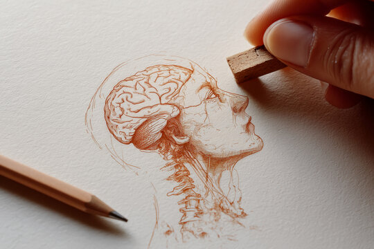Brown ink drawing of human head and neck anatomy, showing brain detail A hand erases with a wooden block eraser Pencil and free space for text Artwork showcases medical illustration, anatomy study