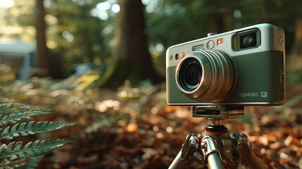 Vintage Camera on Tripod in Serene Forest Setting