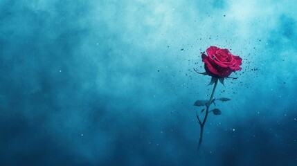 Red rose disintegrating, blue hazy background.