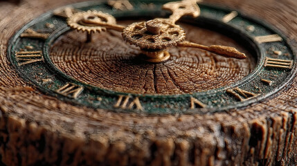 Vintage Clock Close-Up on Textured Wood Surface with Roman Numerals