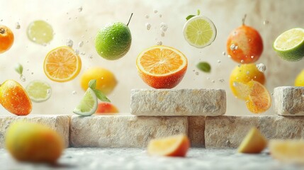 Vibrant Citrus Fruits Splashing on White Stone Blocks